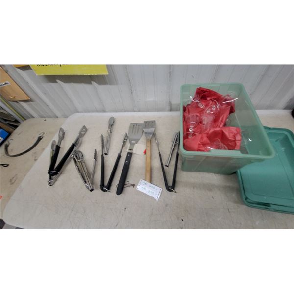 Stainless Steel Barbecue Tongs, Slotted Spatulas, and Etchef Glassware Lot