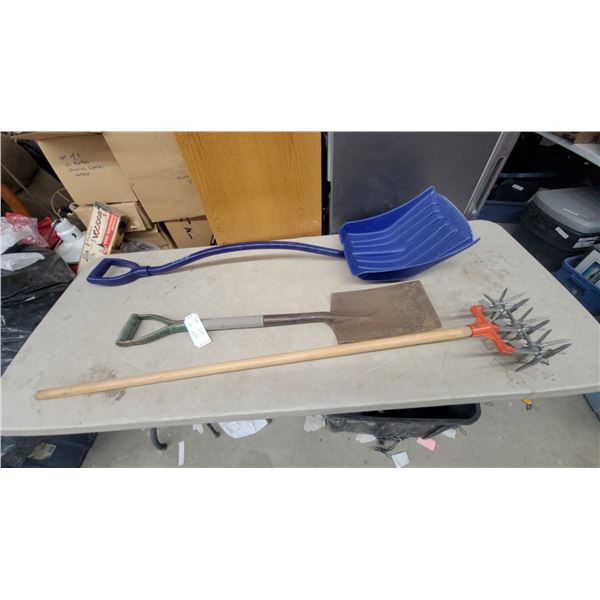 Snow Shovel, Flat Spade with D-Handle, and Rotary Cultivator