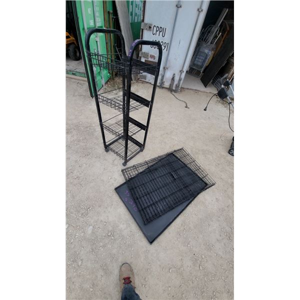 Black Metal Four-Tier Wire Display Rack and Collapsible Wire Pet Crate with Tray