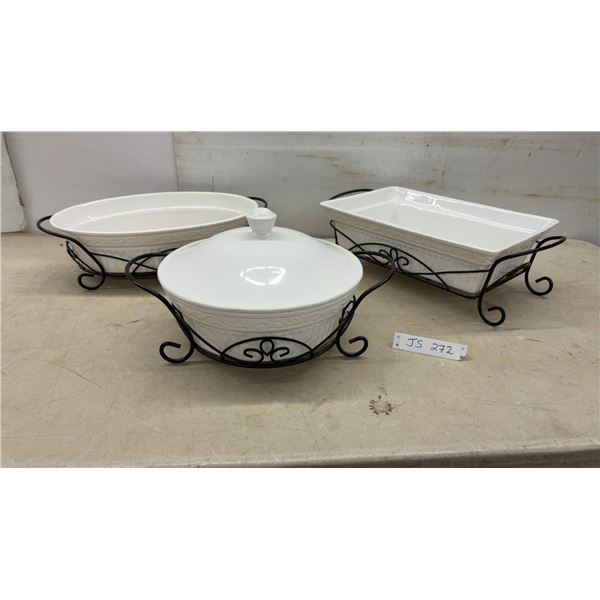 3 Ceramic Casserole Dishes, 1 Lid & Black Wrought Iron Stands