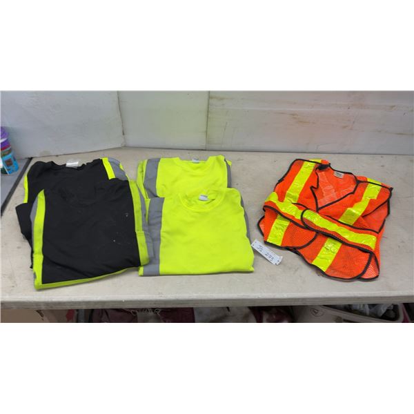 High-Visibility Safety Apparel Lot: Orange Mesh Vest, 4 Yellow and Black T-Shirts, Sz L?