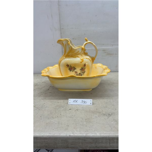 Vintage Ceramic Wash Basin and Pitcher Set with Yellow Glaze and Floral Transferware, Crack in