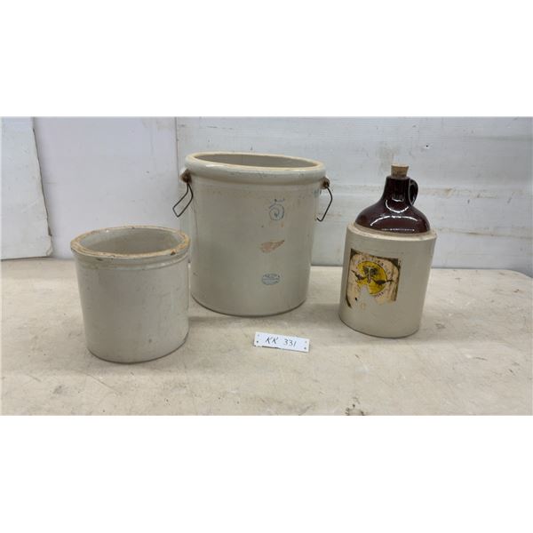 Red Wing Union Stoneware Co. 5-Gallon Crock with Wire Bail Handles, Finger Jug, and 1 Gallon Crock.