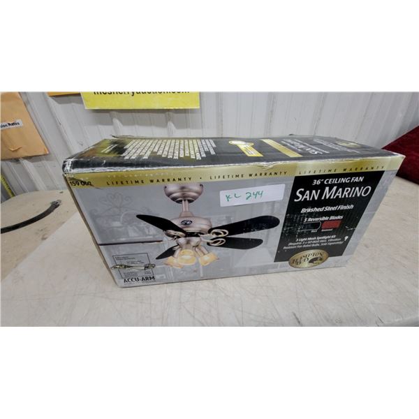 Hampton Bay San Marino 36" Ceiling Fan with Brushed Steel Finish and Three-Light Kit New