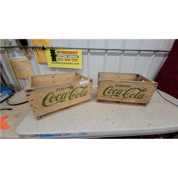 Two Vintage Wooden Coca-Cola Drink Crates with Green Logo