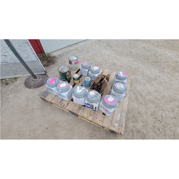 Assorted Paint Cans Including Dutch Boy Dirt Fighter, Elmer's Contractor Safe, and Furniture Legs