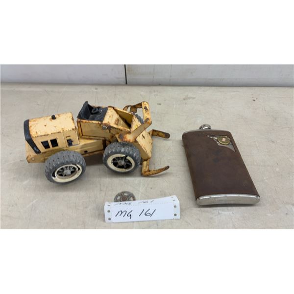 Vintage Rusty Tonka Pressed Steel Front-End Loader and Cabela Leather-Wrapped Hip Flask