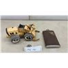 Image 1 : Vintage Rusty Tonka Pressed Steel Front-End Loader and Cabela Leather-Wrapped Hip Flask