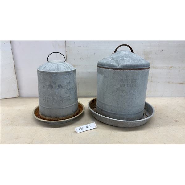 Brower and Oakes No. 505 Vintage Galvanized Metal Gravity Chicken Feeders