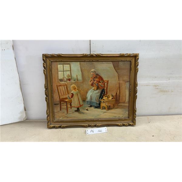 J. Devey 1947 Oil Painting of Elderly Woman Knitting with Child and Cat, Framed, 15 x 19"