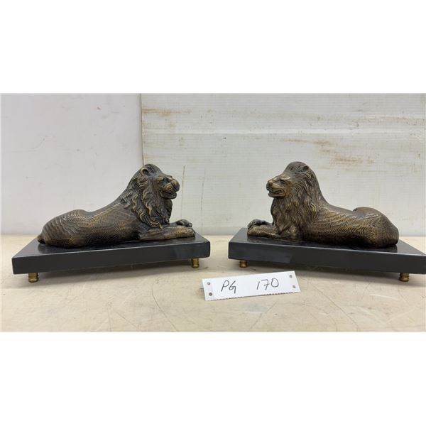 Pair of Vintage Heavy Brass Recumbent Lion Bookends on Belgian Slate Bases with Brass Feet