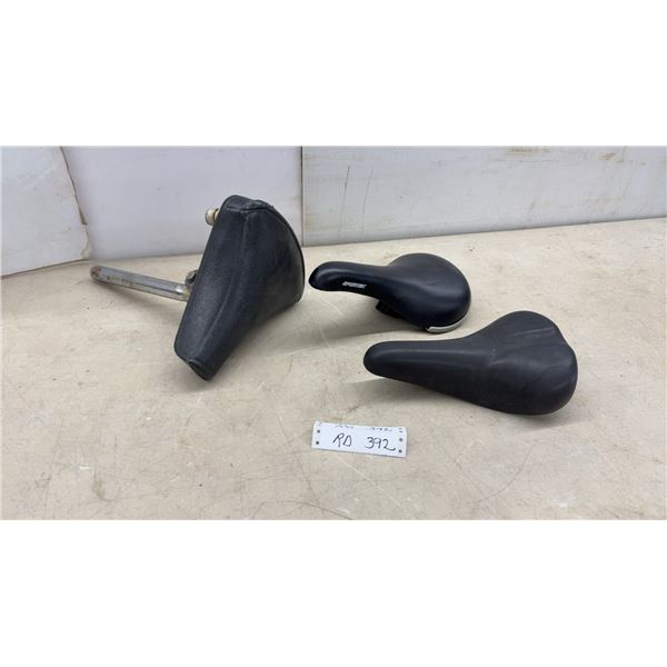 Three Bicycle Saddles Including Selle Royal and Sportex with Vintage Spring Saddle