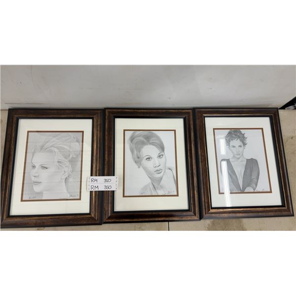 3 Hollywood Star Pencil Sketches Framed Pictures by Artist Stinson 17 x 14": Jane Fonda, Halle