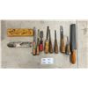 Image 1 : Vintage 7 Wood Chisels, Awl, Sharpening Stone & Rolcut Secateurs