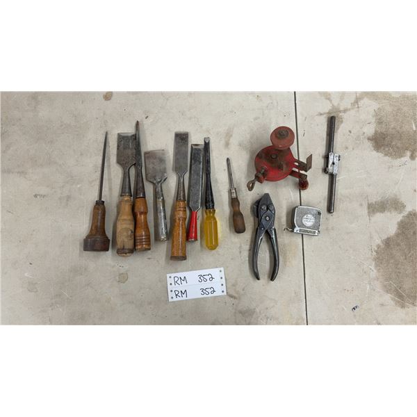 Vintage Bench Clamp Hand Crank Grinding Ston, 6 Wood Chisels, Awl, Tape Line, Cutters and More