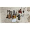 Image 1 : Vintage Bench Clamp Hand Crank Grinding Ston, 6 Wood Chisels, Awl, Tape Line, Cutters and More