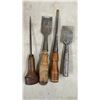 Image 6 : Vintage Bench Clamp Hand Crank Grinding Ston, 6 Wood Chisels, Awl, Tape Line, Cutters and More