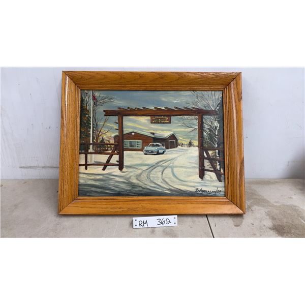 1959 Beautiful Framed Mountain Lodge Landscape with 1950's Chevy Car, Oil Canvas Painting 19 x 15"