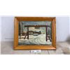 Image 1 : 1959 Beautiful Framed Mountain Lodge Landscape with 1950's Chevy Car, Oil Canvas Painting 19 x 15"