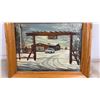 Image 2 : 1959 Beautiful Framed Mountain Lodge Landscape with 1950's Chevy Car, Oil Canvas Painting 19 x 15"