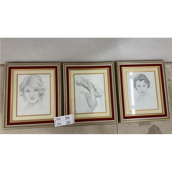 2 Hollywood Stars Pencil Sketches - Framed Pictures by Artist Stinson 15 x 13"; Taylor Swift