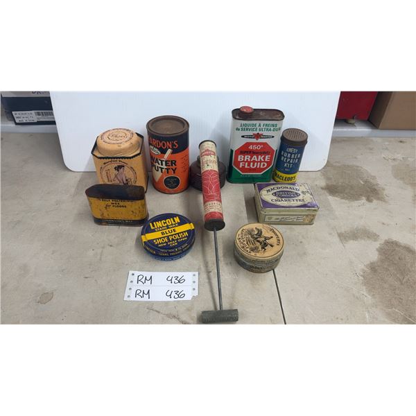 Vintage Tins Lot; Rubber Repair, Saddle Soap, Brake Fluid, Bug Spray and Tabacco Tins