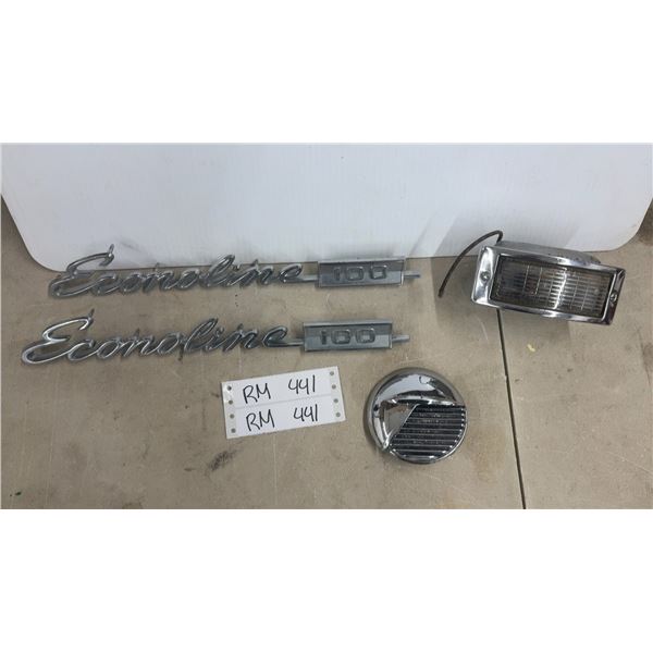 1949/51 Ford Truck Grille Light, 1951/52 Buick Fender Emblem & 2 Econoline 100 Chrome Emblems from