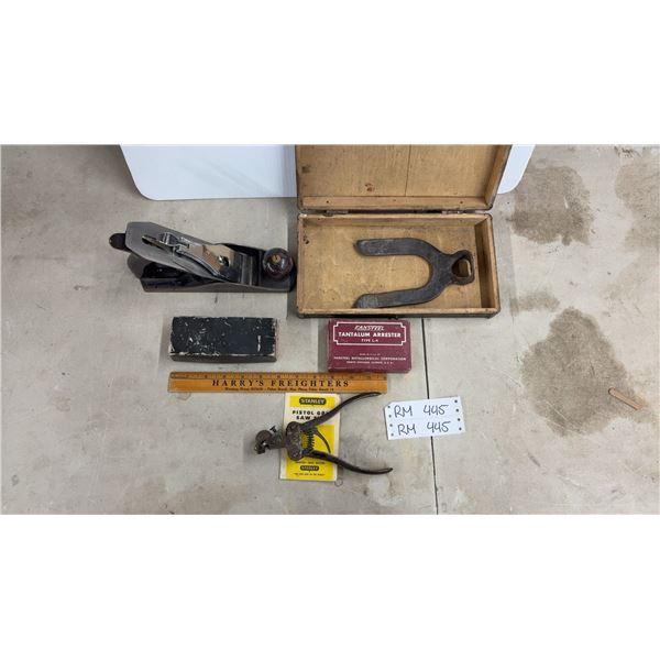 Vintage Wood Planer, Saw Set, Wood Ruler, Primitive Hoe, Midget Grommet Dies & Wood Box