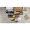 Image 1 : Vintage Wood Planer, Saw Set, Wood Ruler, Primitive Hoe, Midget Grommet Dies & Wood Box