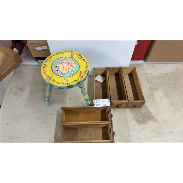 Vintage Hand Crafted 1 of a Kind Foot Stool & 5 Seeing Machine Drawer Boxes