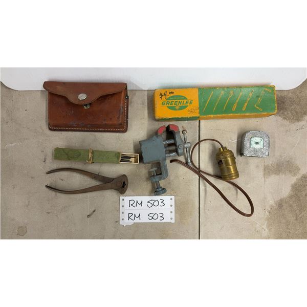 Vintage Vise, Tape Line, Greenlee Setfast Expandive Bit, Jig Saw Blades, Nippers, Belt Tool Case