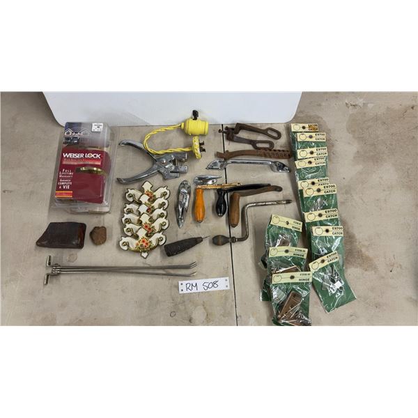 Vintage Hardware Lot: Crank Handles, Rope Mooring, Chrome Wall Tack, & America Hinges Catches NOS
