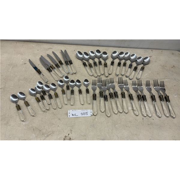 Clear Handle Flatware Set with Ornate Metal Ferrules, Knives, Forks, Spoons, and More, 42 Pieces