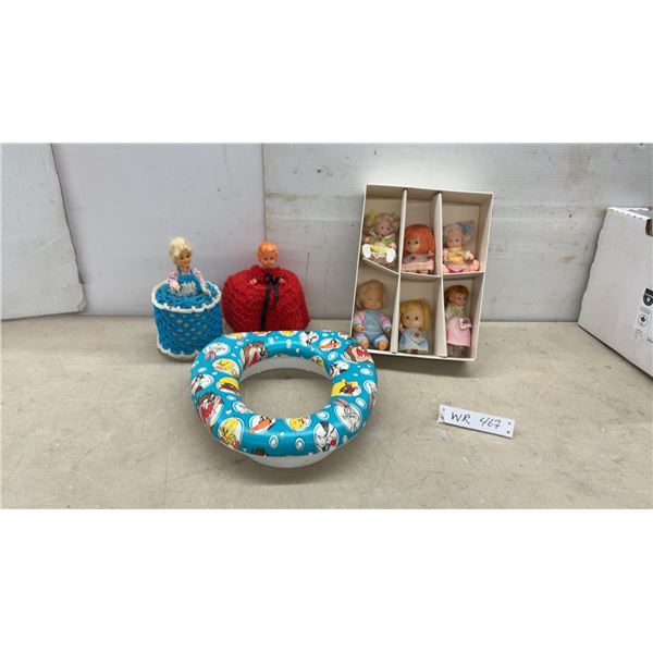 Looney Tunes Padded Childs Toilet Training Seat, Vintage Crocheted Doll Toilet Paper Roll Covers