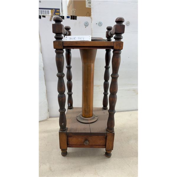 Antique Wooden Smoking Stand with Turned Legs, Copper Ash Receptacle, and Drawer, 26 x 11 x 11"