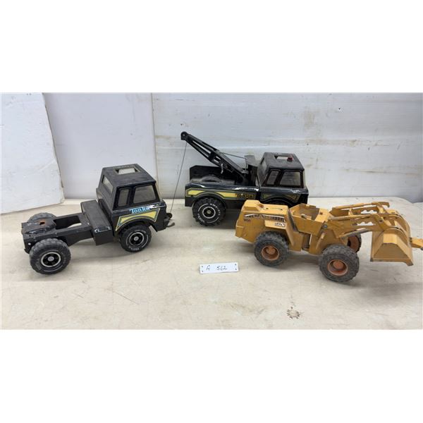 Tonka Steel Semi-Truck Cab, Tow Truck, and Case Steel W30 Wheel Loader Toy Vehicles