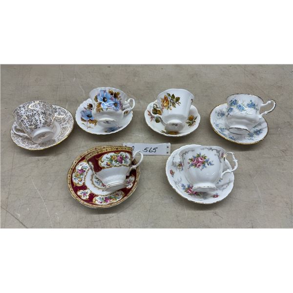 Six Vintage Bone China Teacup and Saucer Sets with Floral Patterns and Gold Trim, Royal Albert