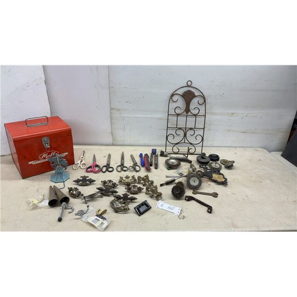 Mall Polisher Metal Tool Box, Scissors, Bell, Brass Drawer Pulls and More