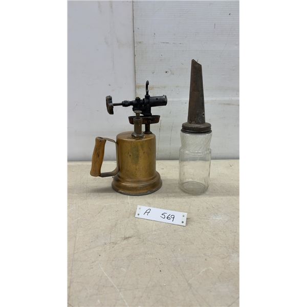 Vintage Brass Blowtorch with Wooden Handle and Glass Oil Bottle with Spout