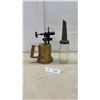 Image 1 : Vintage Brass Blowtorch with Wooden Handle and Glass Oil Bottle with Spout