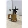 Image 2 : Vintage Brass Blowtorch with Wooden Handle and Glass Oil Bottle with Spout