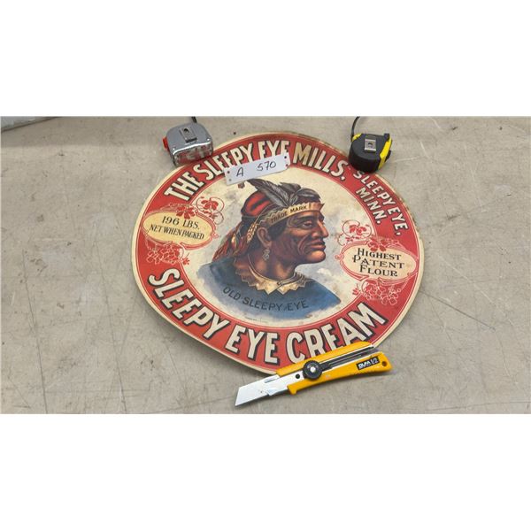 Vintage "The Sleepy Eye Mills" Highest Patent Flour Paper Sign, 12" Diameter