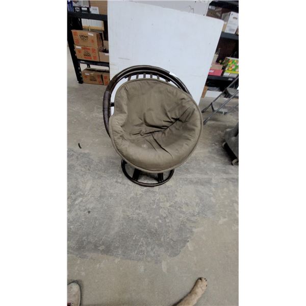 Dark Brown Rattan-Style Swivel Papasan Chair with Tan Tufted Cushion