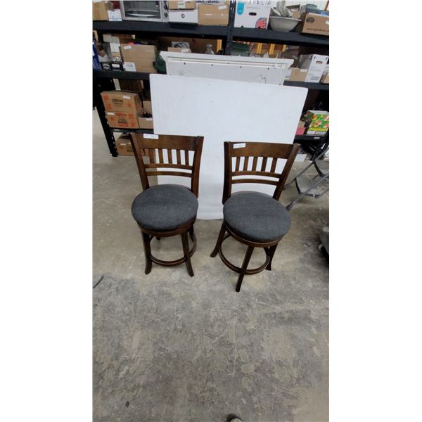Set of Two Wooden Swivel Counter-Height Stools with Upholstered Gray Seats and Slatted Backrests