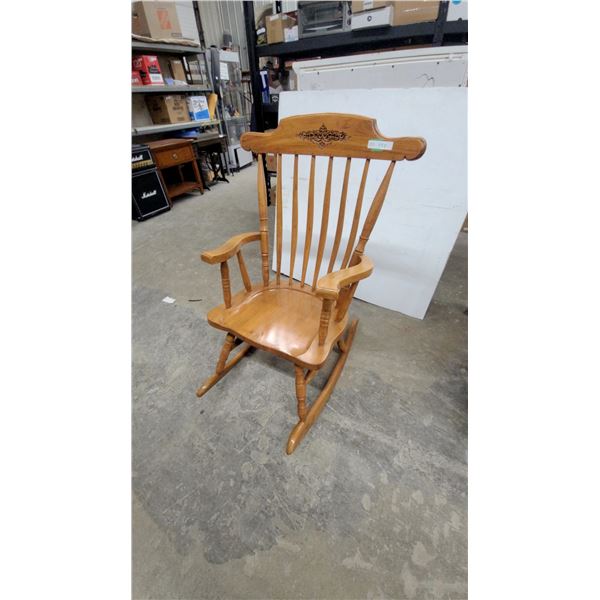 Wooden Spindle Back Rocking Chair with Carved Scroll Design