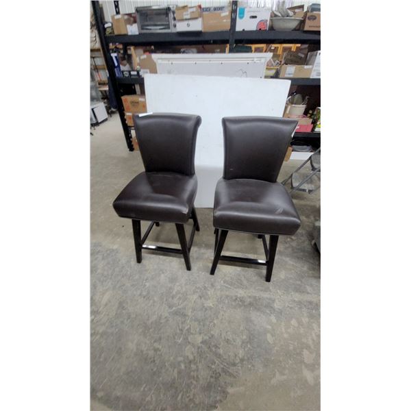 Pair of Dark Brown Upholstered Counter-Height Swivel Stools with Wood Legs