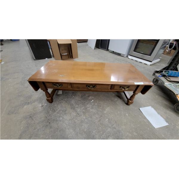 Wooden Drop-Leaf Coffee Table with Three Drawers and Brass Handles 16 x 22 x 62" Extended Size