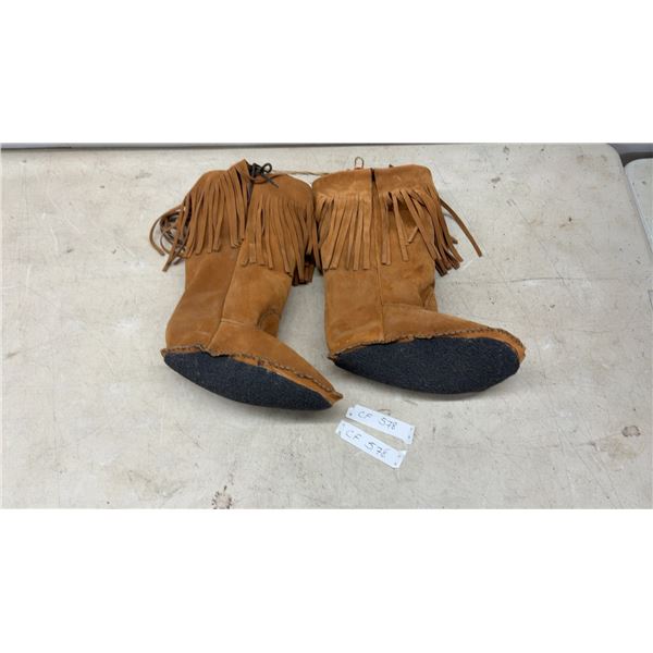 Tan Suede Fringed Moccasin Boots with Black Rubber Soles, Sole Measures 10 3/4"