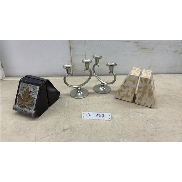 Two Pairs of Stone Bookends with Maple Leaf Motif and Silver-Tone Metal Candelabras
