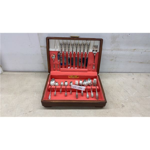 1881 Rogers Silverplate Flatware Set in Ambassador Pattern with Wooden Storage Case